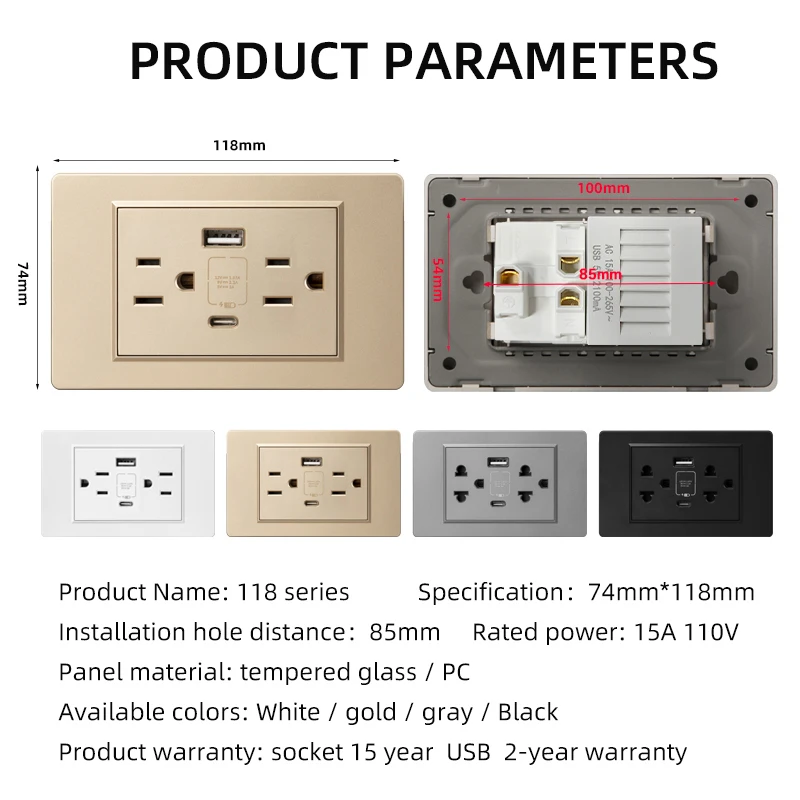 Herepow 118 Series Thailand American Standard Dual USB Wall Socket Smart Home Appliance Plug Adapter Type-c 3.1A Fast Charging