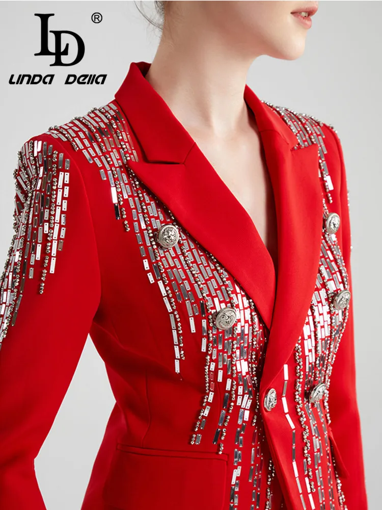 

LD LINDA DELLA Autumn and winter New Style Runway Fashion Coat Women's Red Lapel Double-breasted Beading Sequin Tassel Suit Coat