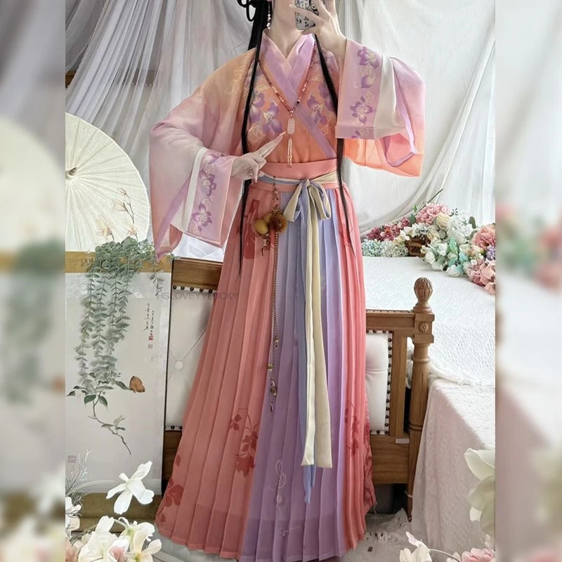 Chinese Traditional Hanfu Dress weijin Dynasty Long Dress Folk Dance Costume Fairy Cosplay Ancient Princess Stage Outfit 3pc Set