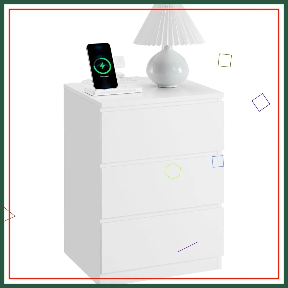 

Современная тумбочка с зарядной станцией, прикроватная тумбочка с 3 ящиками, розетками переменного тока и USB-портами, белый минималистичный дизайн