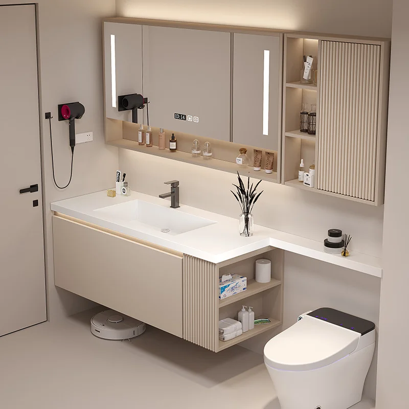 

Oak Washbasin Cabinet Combination Cream Slate Ceramic Seamless Basin Bathroom Cabinet Smart Mirror