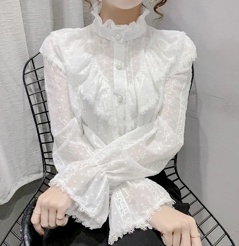 

Korean Style Ruffle Stitching Lace Blouse Fashion Long Sleeve Loose Chiffon Shirt Elegant Stand Collar Pleated Tops