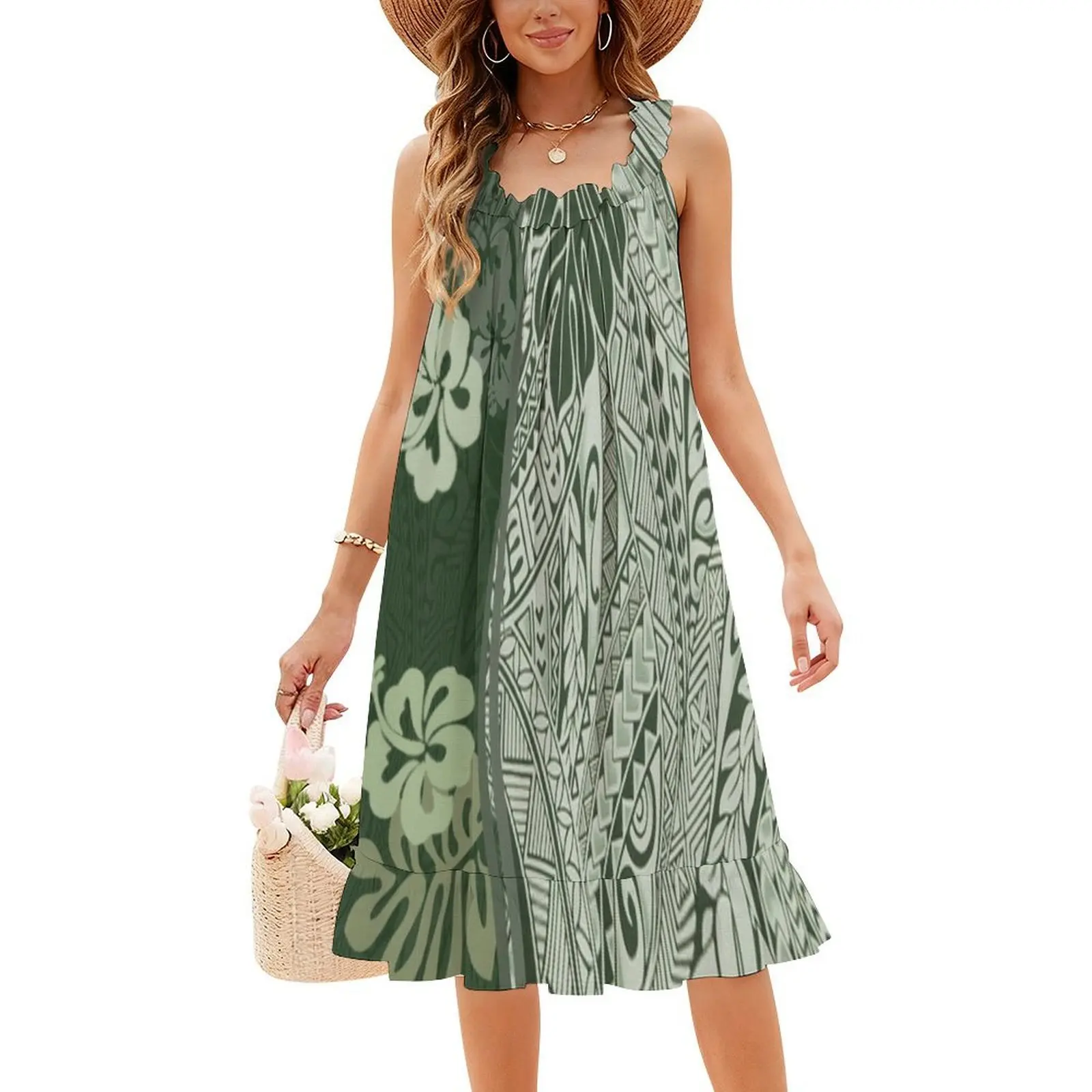 فستان هاواي الأخضر الاستوائي طباعة تابا مثير لقضاء العطلات للنساء على الشاطئ وحفلات أعياد الميلاد فستان قصير هاواي هاواي الاستوائية