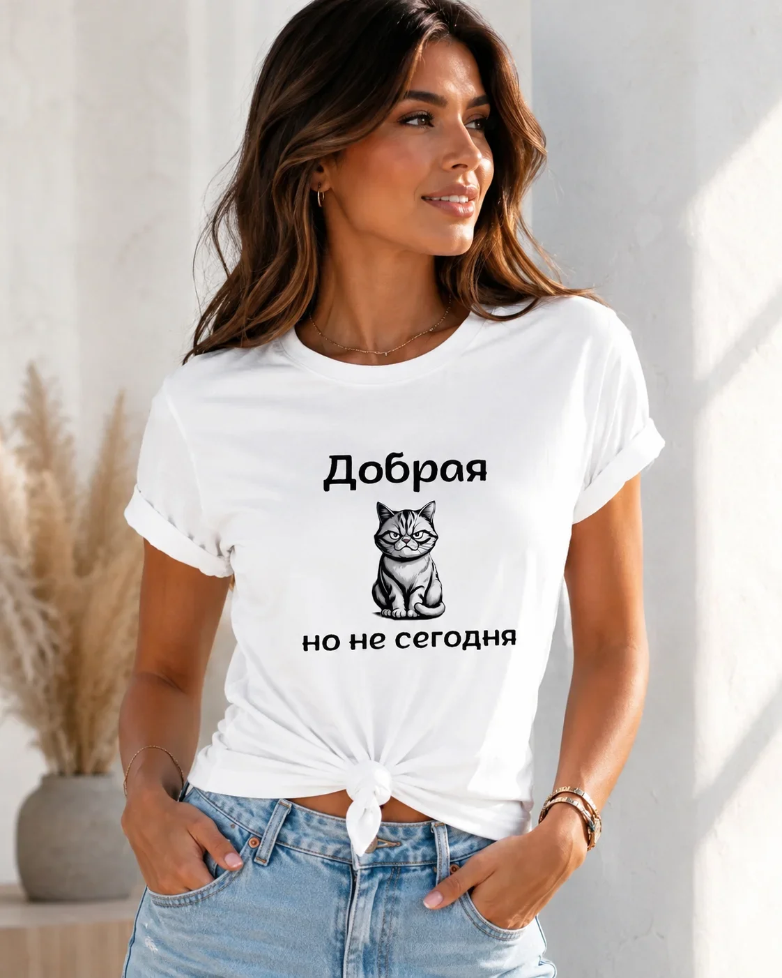 Women's Egg Tart Russian Alphabet Pattern Cat Pattern T-shirt Casual Round Neck Short Sleeve Fashion Summer Top Playful Design