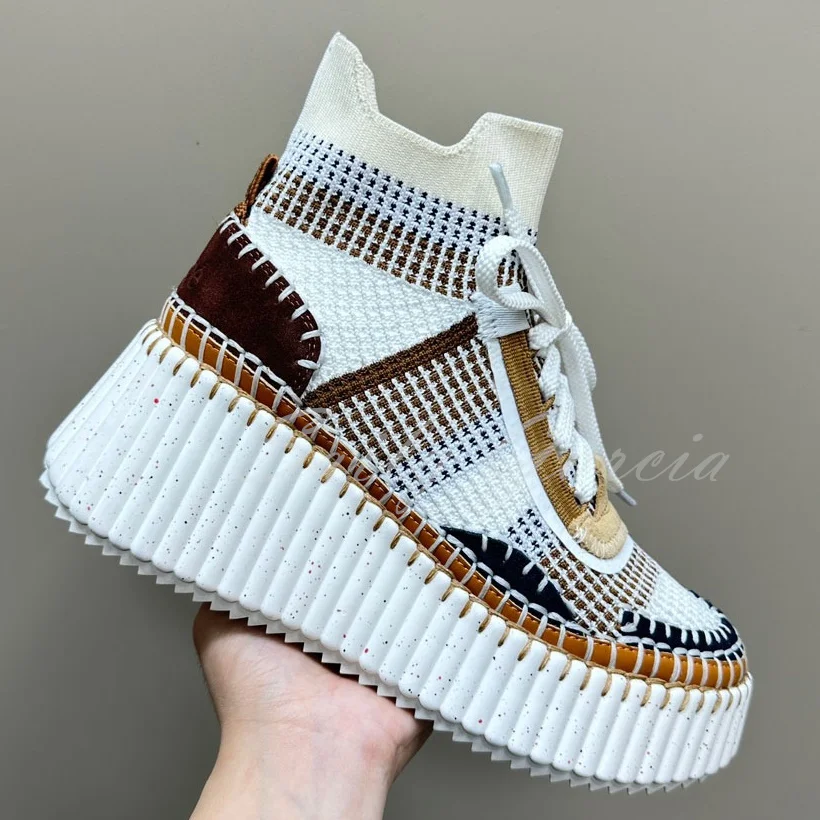 Luxury 2024 New Round Headed Mixed Colors Sport Shoes Women Thick Sole Heightened Lace up Handwoven Casual Shoes High Top Shoes