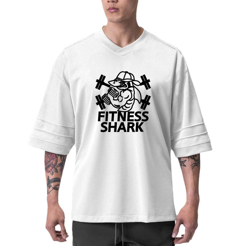 Mens Mesh Loose Oversized Fit Half Sleeve T-shirt with Dropped Shoulder Fitness T Shirt Summer V-neck Gym Bodybuilding Tops Tees