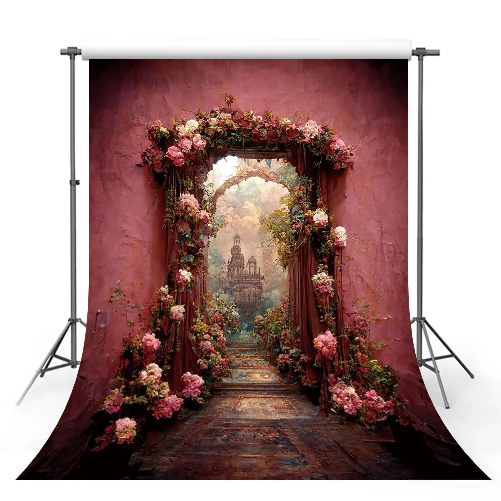 

Mehofond Spring Retro Oil Painting Backdrop for Photography Pink Flowers Door Princess Castle Wonderland Background Photo Studio