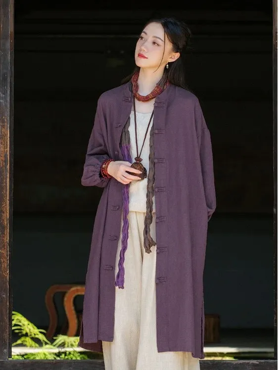 

Retro Button-Up Cotton Linen Jaet Women's Long Sve Color Zen Sle Mommy Open Cardigan Top Spring Season Outerwear