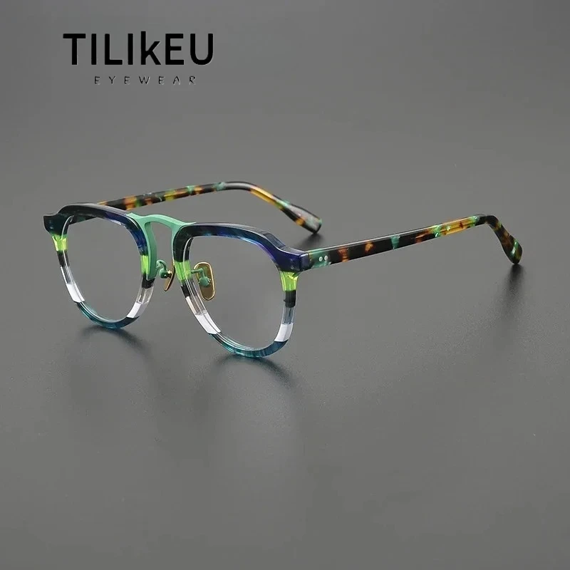 Armação de óculos piloto colorida, emenda de acetato de alta qualidade, masculina, feminina, personalizada, retrô, oval, completa, armação de óculos de prescrição