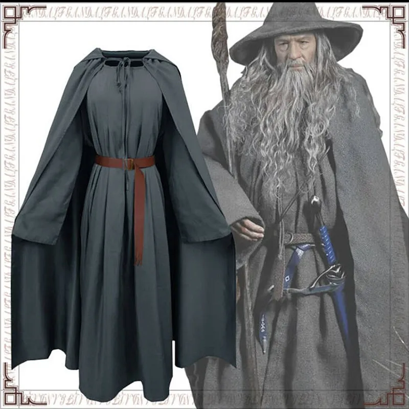 Anime Gandalf Wizard Cosplay Costume Hobbit Long Gray Cloak Jumpsuit with Hat Belt Halloween Fancy Dress for Man