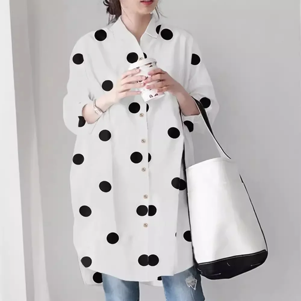 Cross-border foreign trade women's clothing 2023 polka dot button split-ended long-sleeved lapel casual shirt