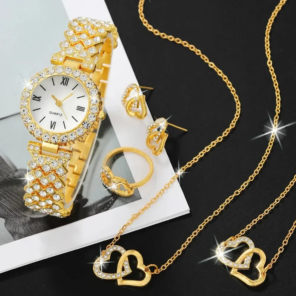 6pcs/ Set Rose Gold Luxury Watch Women Ring Necklace Earring Rhinestone Fashion Wristwatch Casual Ladies Bracelet Watches