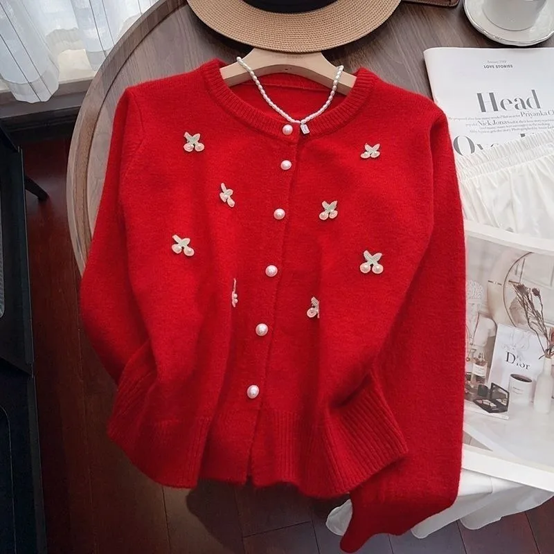 

2025 Autumn and Winter Fashion New Women's Elegant Single Breasted Sweet Knitted Cardigan Long Sleeve Warm Cashmere Cardigan