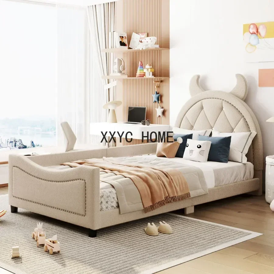 

Двуспальная кровать-софа, обитая тканью из плюшевого флиса, с изголовьем в форме бычьих рогов, прочная рама, подходит для детской спальни.