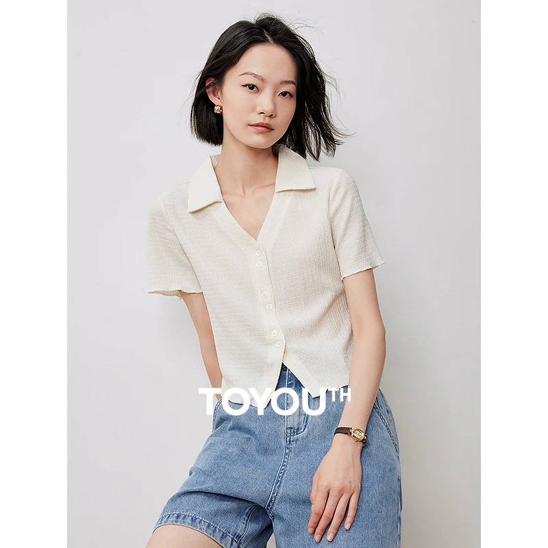 

TOYOUTH Women T-shirt 2024 Summer New POLO V-Neck Solid Color Versatile Pullover Shirt