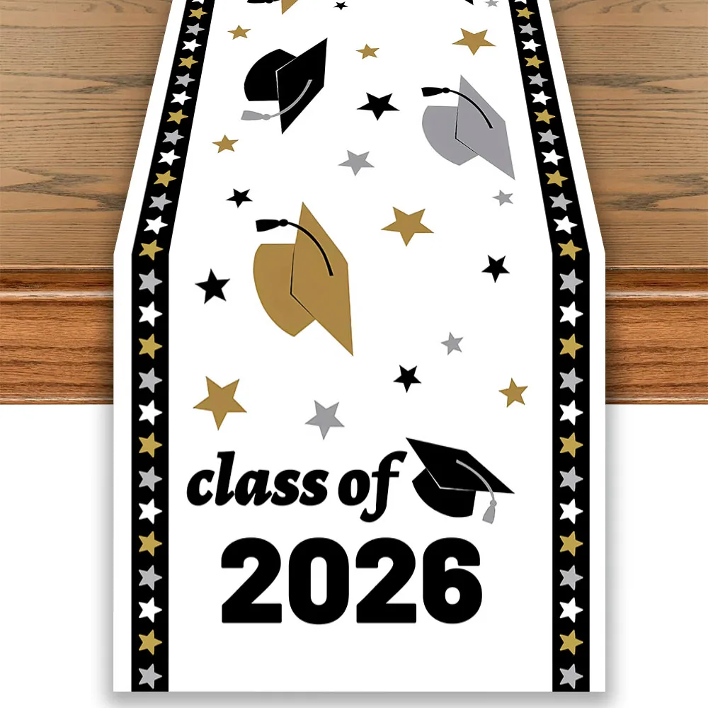 1 Stück Tischläufer mit Abschlussfeier-Motiv, Schwarz-Gold-Silber-Sternenmuster, Polyester-Tischläufer für Abschlussfeier-Dekoration