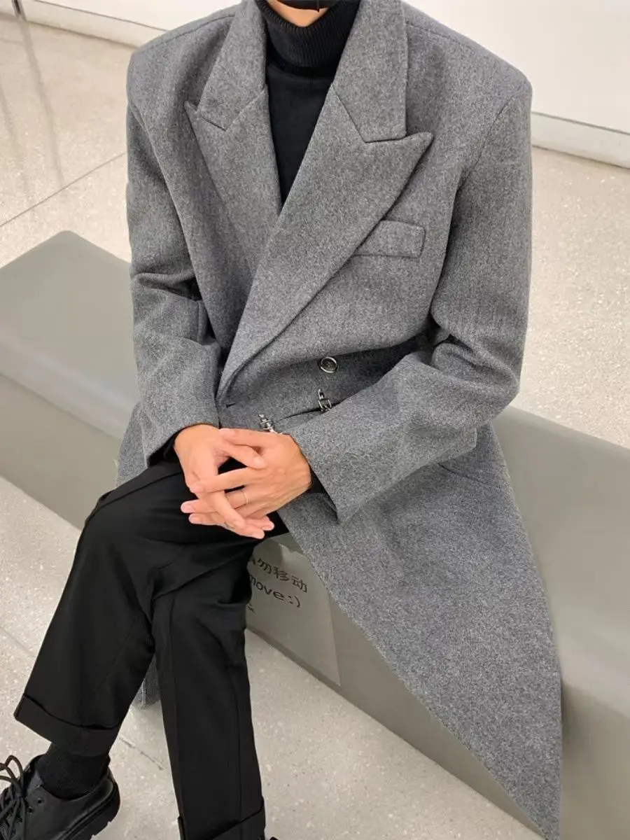 

Мужское пальто из шерстяной смеси, черное, с воротником на пуговицах, повседневное, комфортное, свободного кроя, в уличном стиле, модное, современное, крутое, молодежное, городское