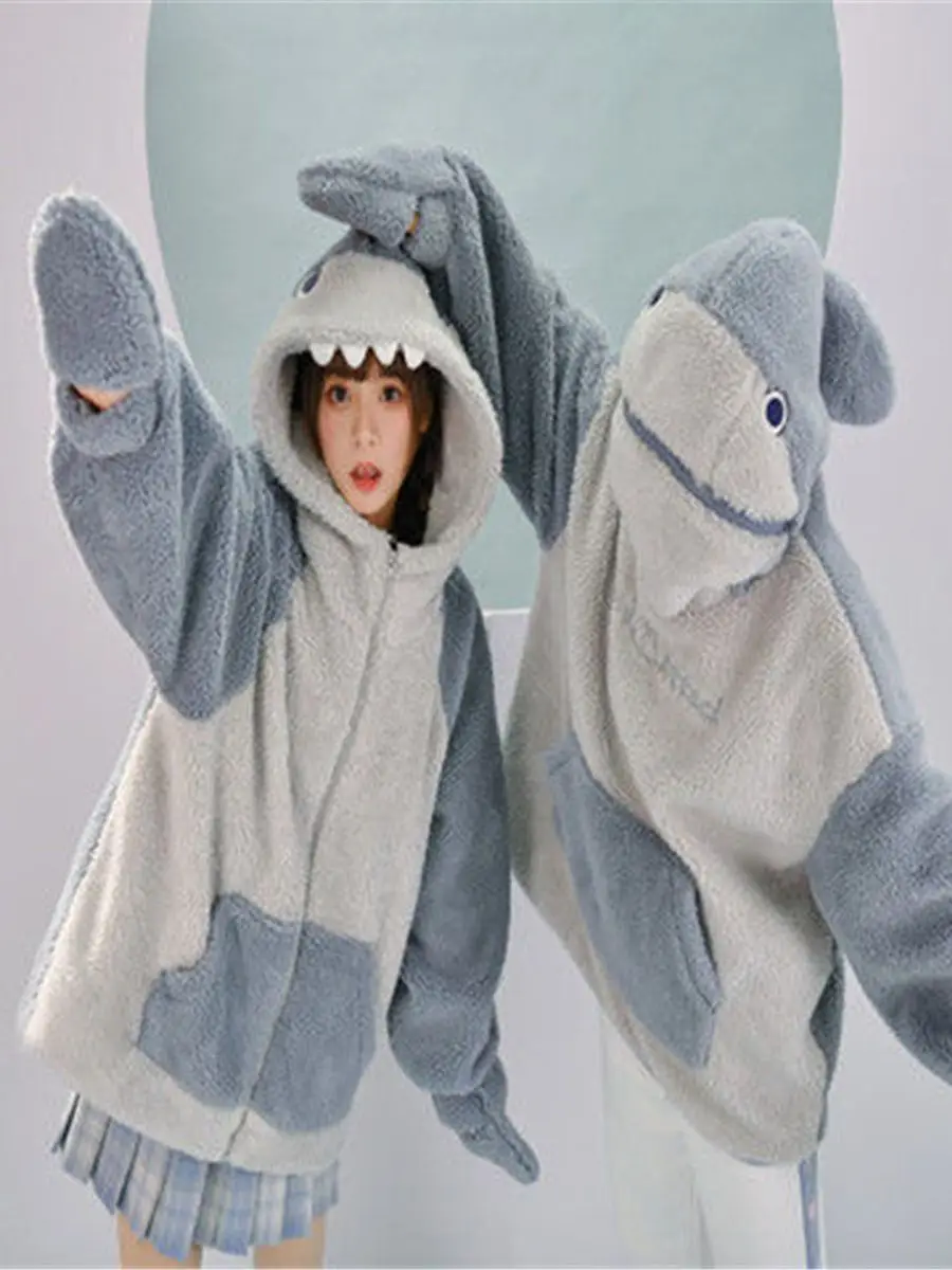 Winter Cute Shark Hoodie Sweatshirt Spring Korean Anime Women Kawaii Loose Long Sleeve Tops Hip Hop Oversized Zip Up Coats Girl