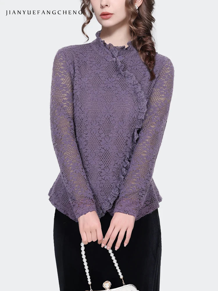 Fashion Ruffle Purple Lace Top Women Long Sleeve Stand-up Collar Hollow Out Floral Blouse Elegant Slimming Vintage Casual Shirts