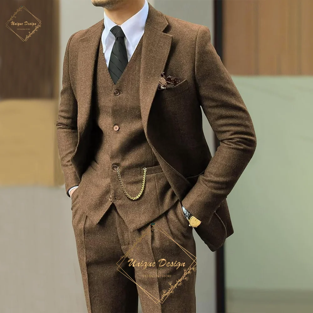 Premium Men's Suits 3 Piece Jacket Vest Pants Brown Wedding Tweed Herringbone Retro Vintage Tailored Fit Single Breasted Tuxedo