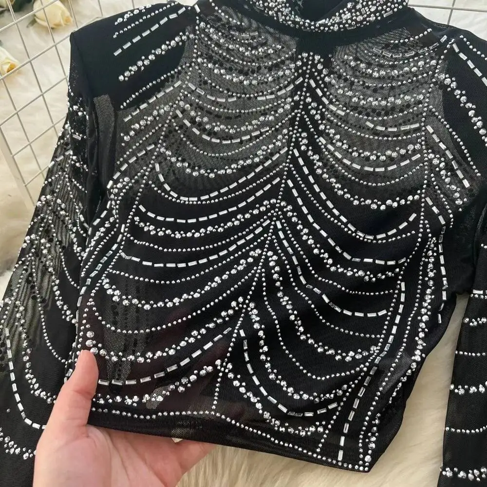 Elegant Rhinestone Mesh Chic Long Sleeves Slim Short Crop Top High Waist Skirt French Evening Party High Street Two-piece Sets