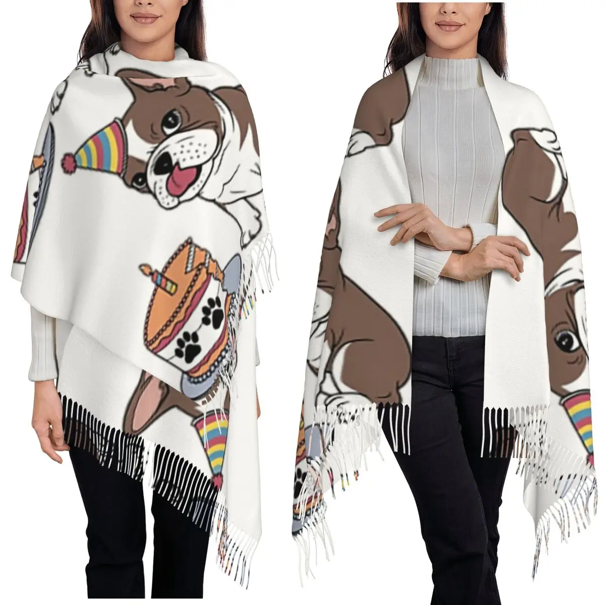 Bufanda de pastel de cumpleaños de Bulldog Francés, bufandas con borlas, chales y chales suaves y cálidos para mujer, chal largo para Otoño e Invierno