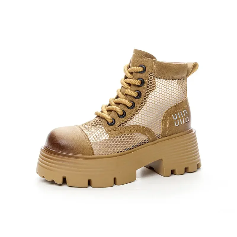 Women's Summer Thin 2024 New Height Increasing Insole Hollow-out Sandal Genuine Leather Elevator Boots