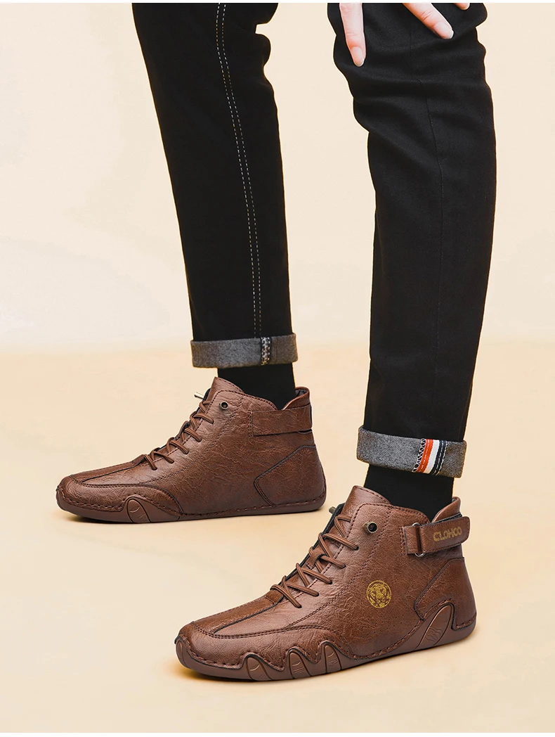 CLOHOO Hand-Sewn Soft-Soled Octopus Boot Men's Short Boots High-Top Leather Boots for Men