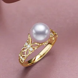 18k Gold color Pearl Butterfly Open Ring for Women Engagement Wedding Birthday Party Finger Rings Fine Jewelry Gifts