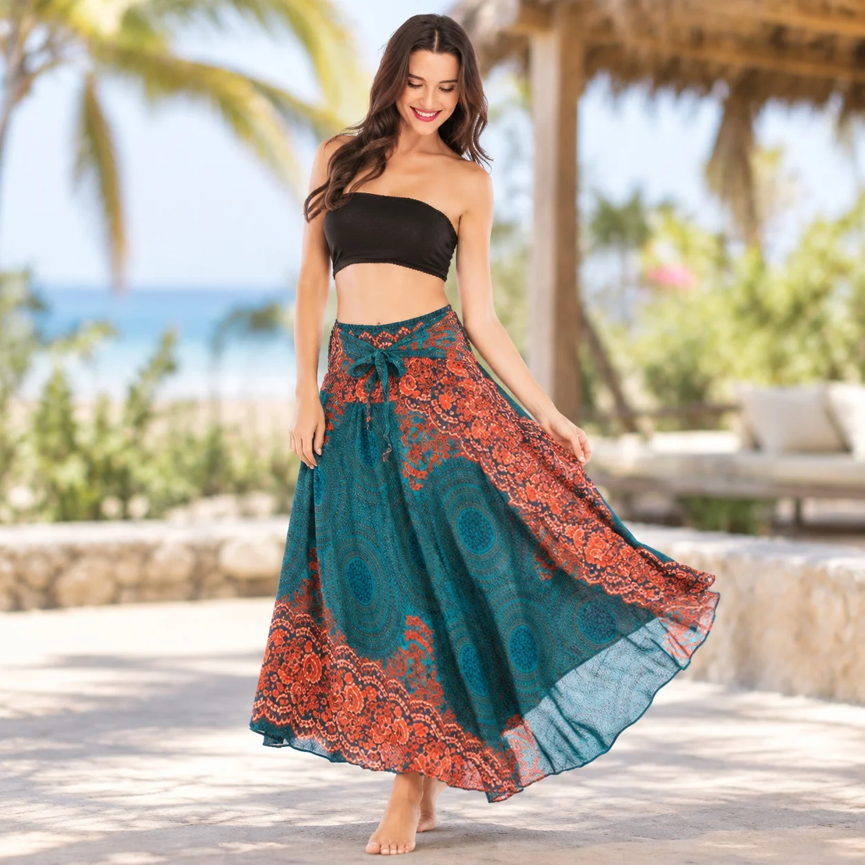 Casual Print Dress with Dancing Skirt Bohemian Artistic Vintage Western Summer Women Skirts
