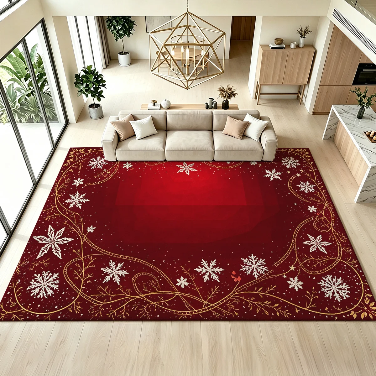 1pc 2D Flat Golden Vines Snowflake Ornate Border Printed Floor Mat, Decorative Rug for Living Room, Bedroom, Home