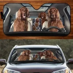 Funny Red Irish Setter Family Driving Dog Lover Car Sunshade, Car Window Sun Cover for Irish Setter Lovers, Car Windshield Visor