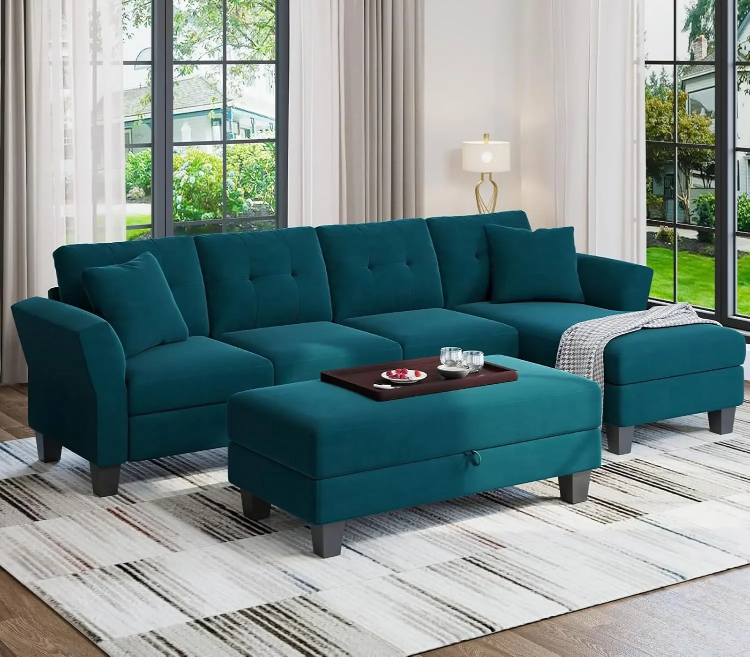 Velvet Couch Convertible L Shaped Sofa with Reversible Large Ottoman