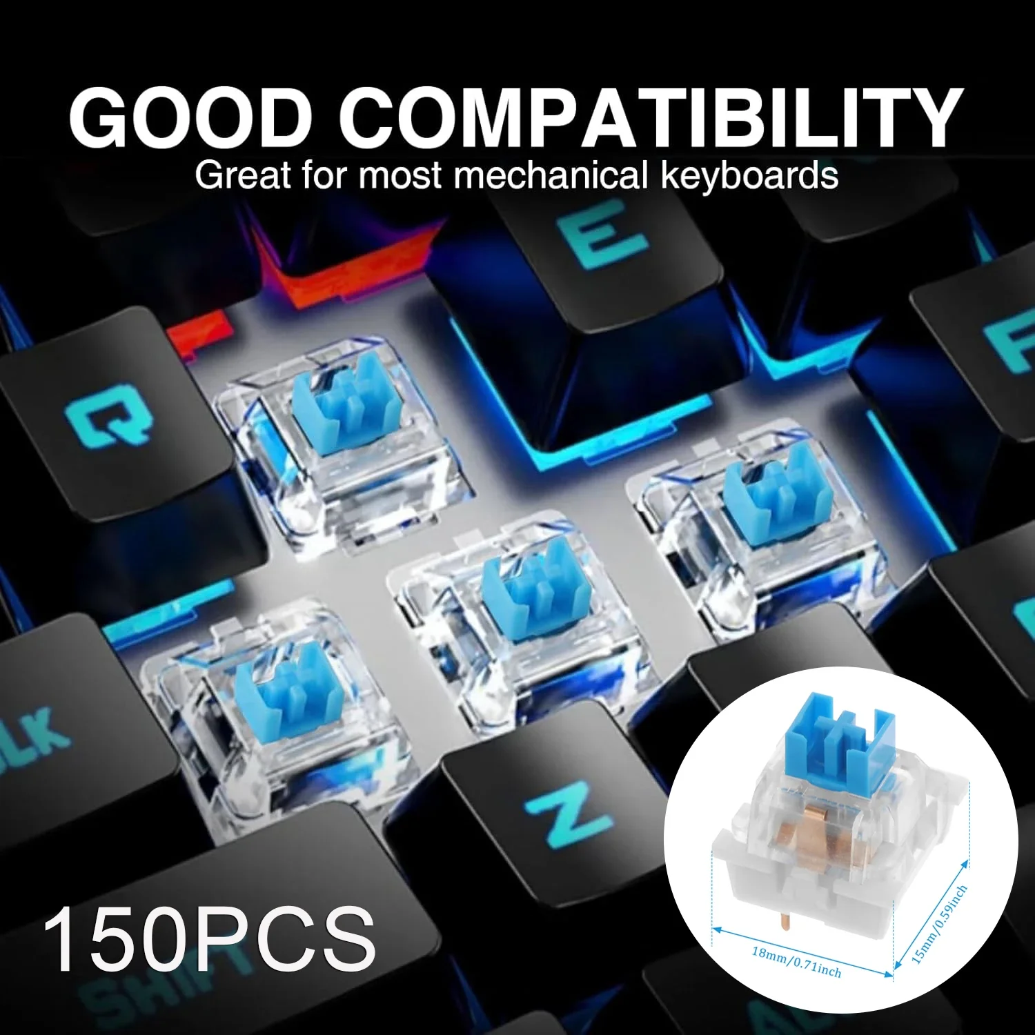 

150 шт. сменных переключателей для механических клавиатур, 3-контактные, с звуком, для точного набора текста, пылезащитные, для LED-клавиатур, для игровых клавиатур