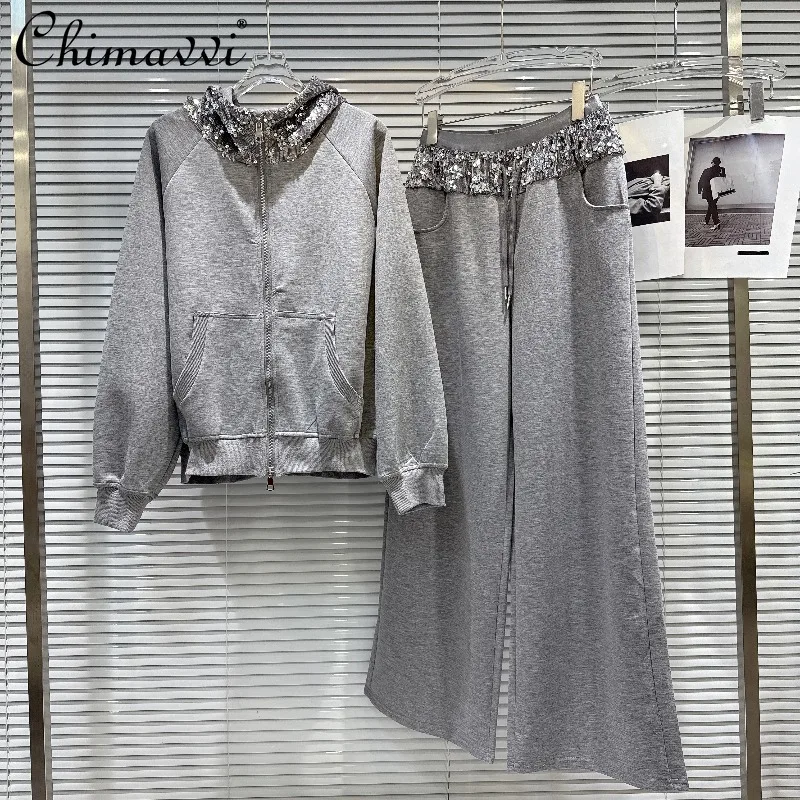 

2025 Autumn Clothes New Heavy Hot Girl Sequin Hooded Sweatshirt + Drawstring Wide-Leg Pants Casual Set Women's Two-Piece Set