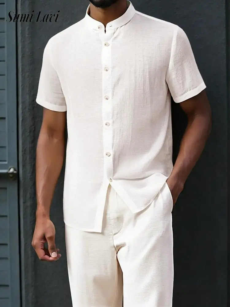 

Модные мужские дышащие комплекты 2026: Весенне-летние рубашки с коротким рукавом и брюки, винтажные однотонные костюмы-двойки для мужчин