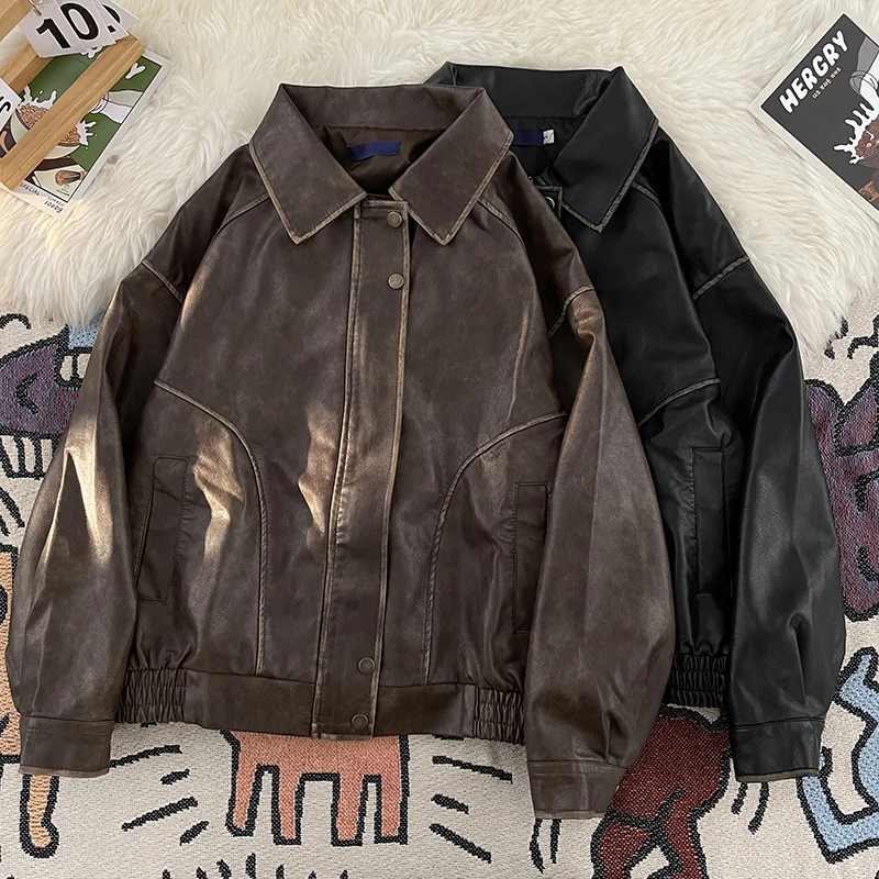 Retro Distressed Leather Coat Men's Street Fashion Handsome High Sense Motorcycle Clothing Maillard Brown