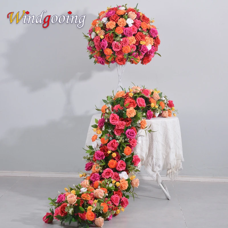 200M Rosa caliente naranja Rosa hoja verde corredor grande Artificial fila de flores bola de flores telón de fondo de boda accesorios decorativos para eventos y fiestas