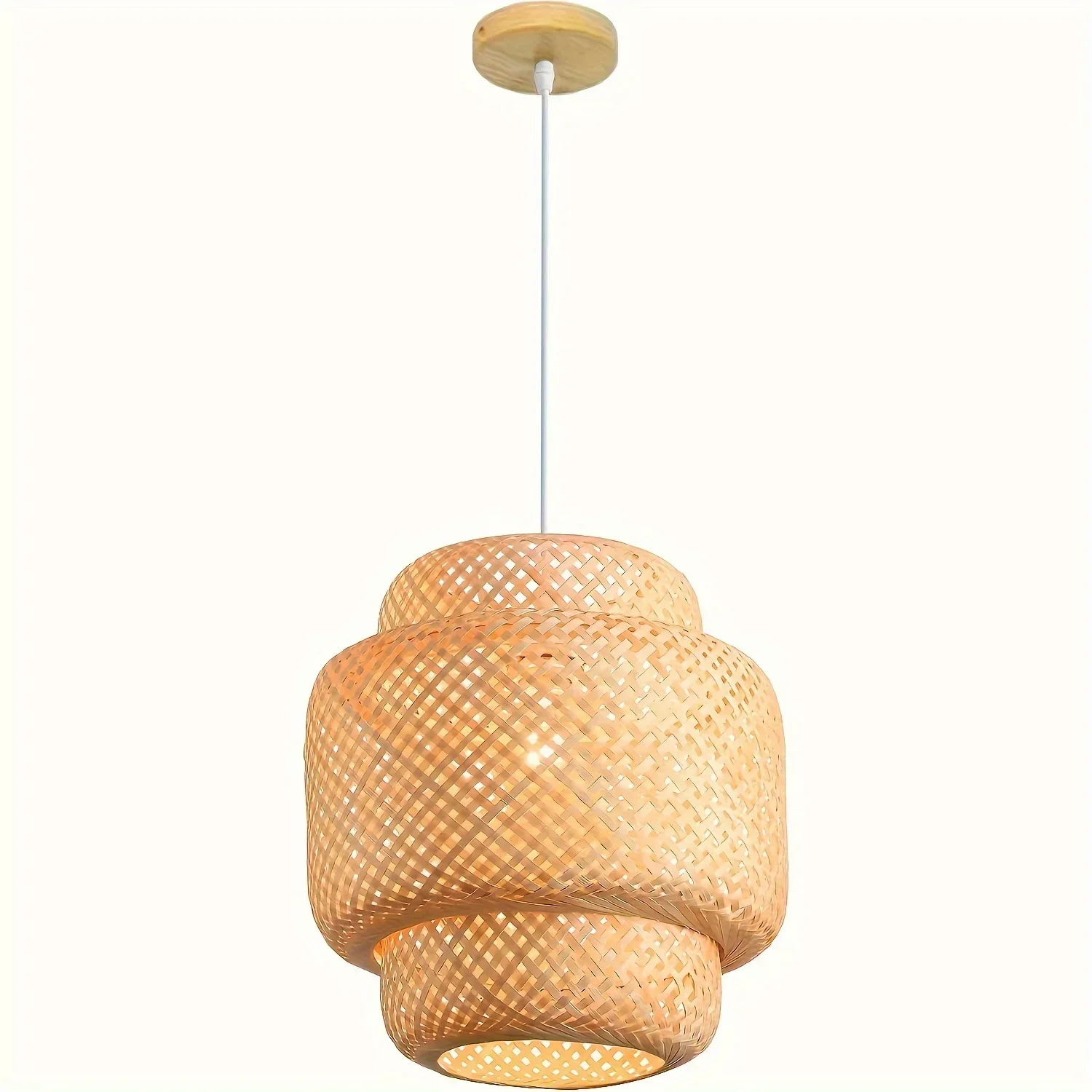 Semi Flush Mount Chandelier Bamboo Pendant Light Fixture with Natural Handwoven Rattan Shade Hanging Lamp for Restaurant Bedroom