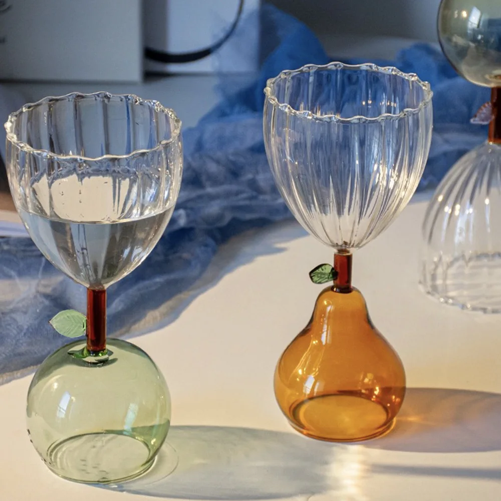 Creative Nordic Ripple Glass Goblet with Fruit Green Apple Yellow Amber Pear Base 240ml 8oz Cocktail Glasses Cup 1 Piece