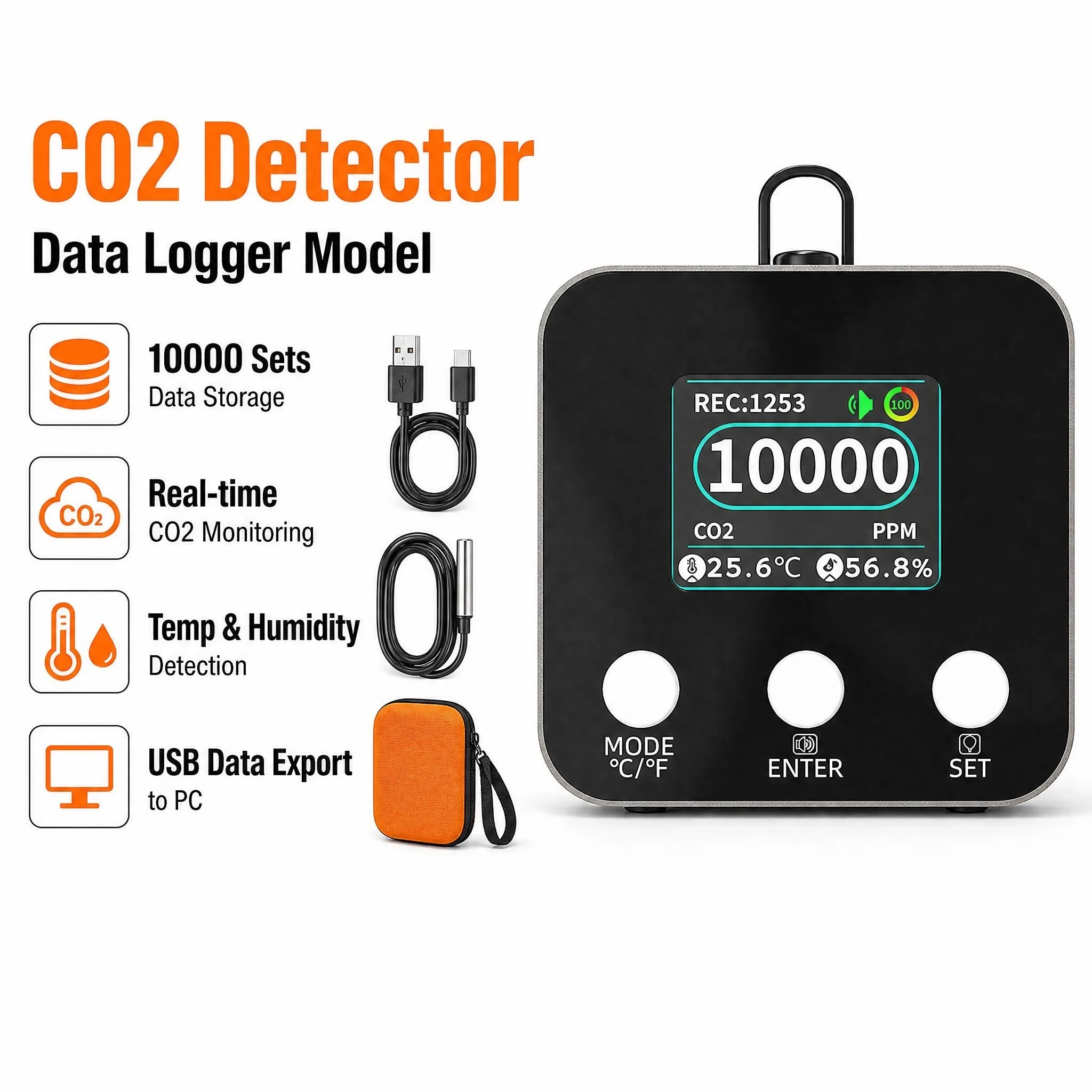 HoldPeak HZ18M Multi‑Gas Detector CO2 CO HCHO TVOC PM RT TH Tester 10000‑Groups Data Logging TFT Screen Air Quality Monitor Alar