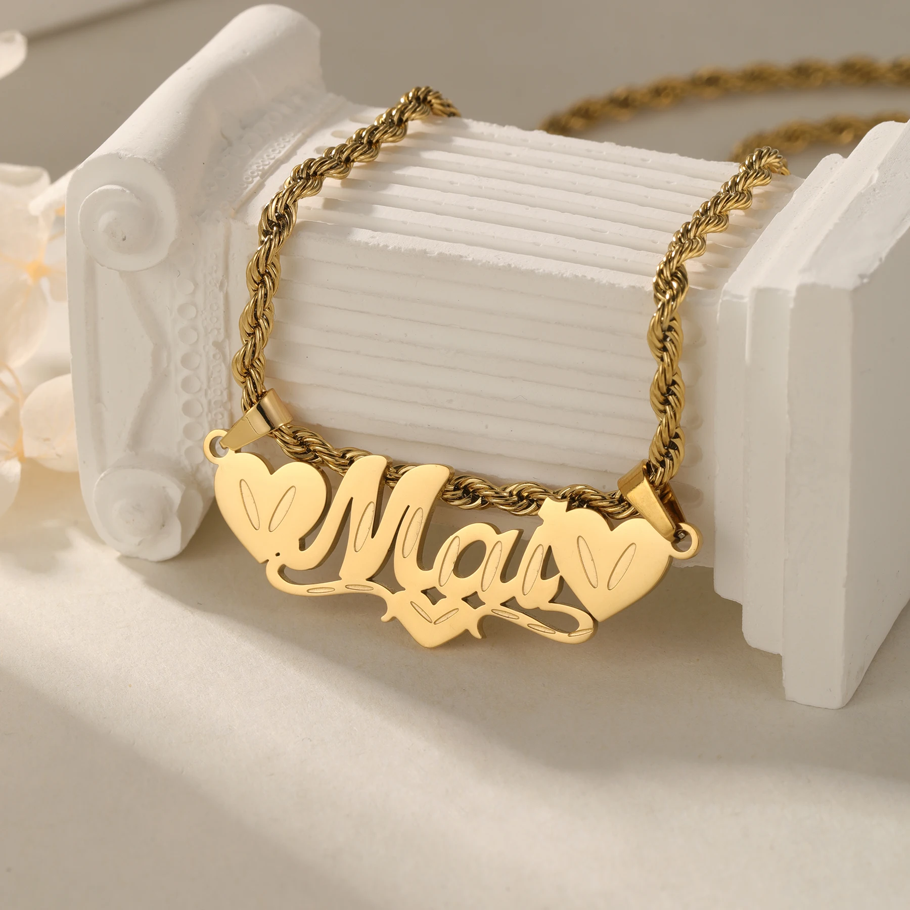

18k Gold Plated Customized Name Necklace Rope Chain Personalized Heart Necklaces For Women/Men Nameplate Jewelry Gift For Mother