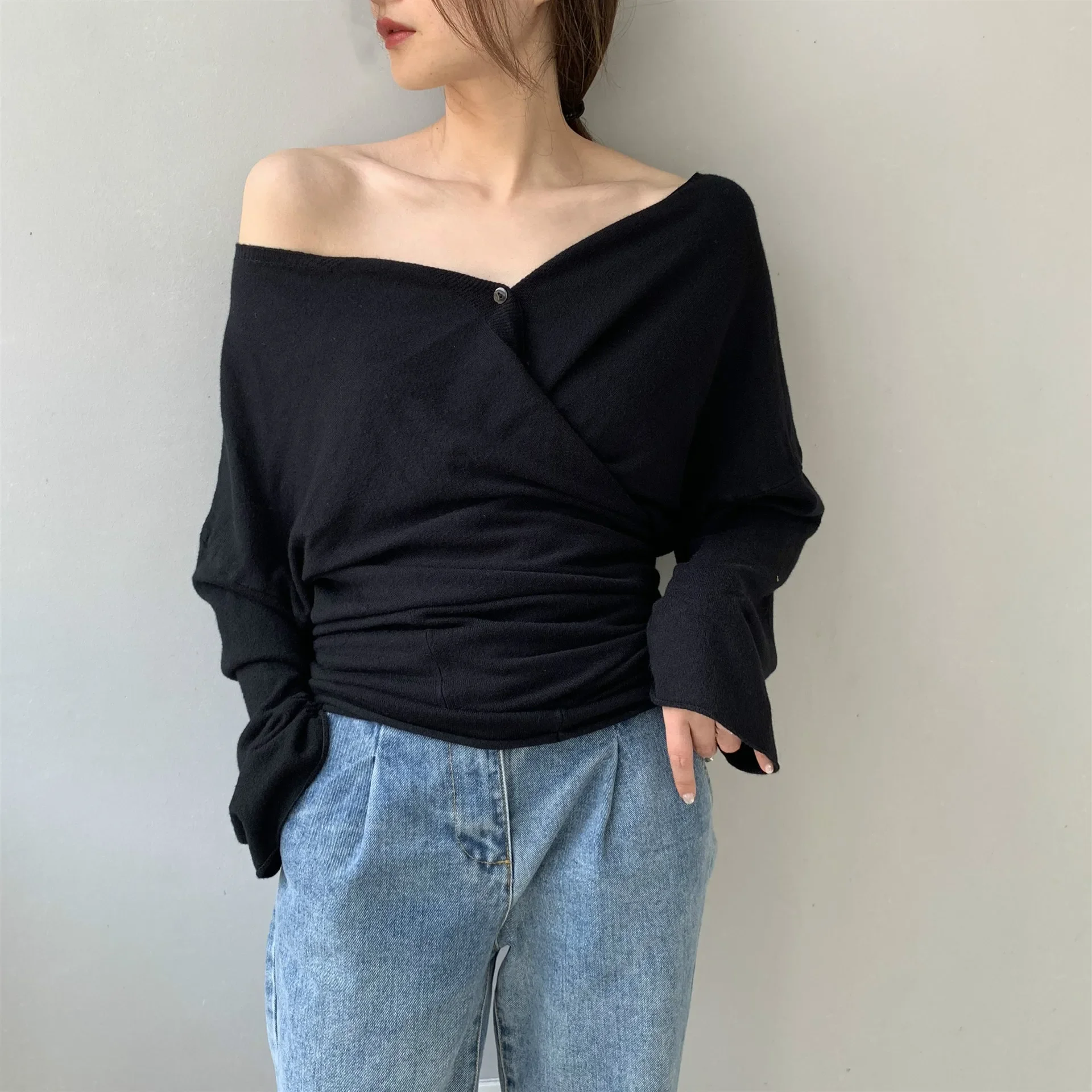 Spring Women Sexy Knitwear Square Collar Long Sleeve Loose Cardigan Girls Off Shoulder Top Female Office Thin Sweater Ladies