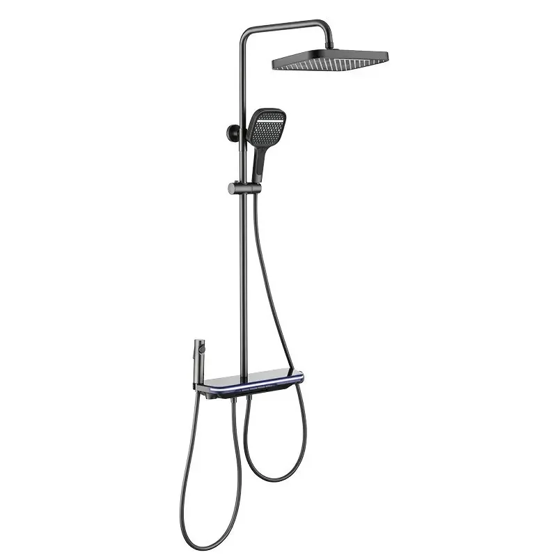 

New, gun gray, digital ambient light shower set, bathroom, glass rack, supercharged, hot and cold, shower.