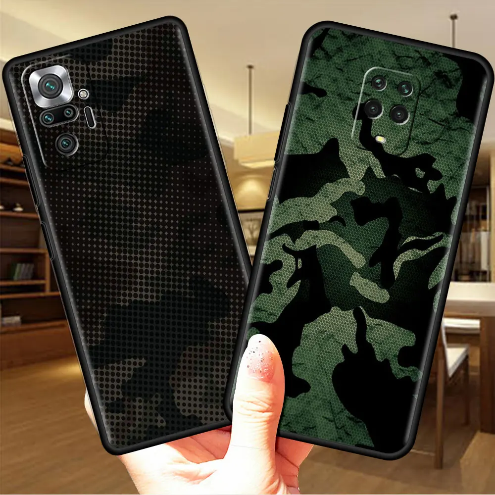 Soft Case For Xiaomi Redmi Note 9S 10 11 Pro 9 K40 8 9C Silicone Funda 9A 7 8T 10C Black Phone Cover Army Green Camouflage