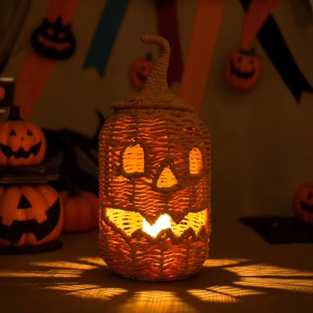 Handcrafted Halloween Woven Pumpkin Rustic-style Plastic Pumpkin Candy Storage Basket with Removable Lid Pumpkin Storage Box