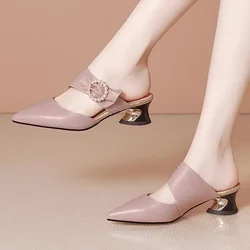 Sapatos Femininas Women Cute Pink High Quality Patent Leather Summer Slip on Square Heel Shoes Zapatos De Mujer Lady Heels A84