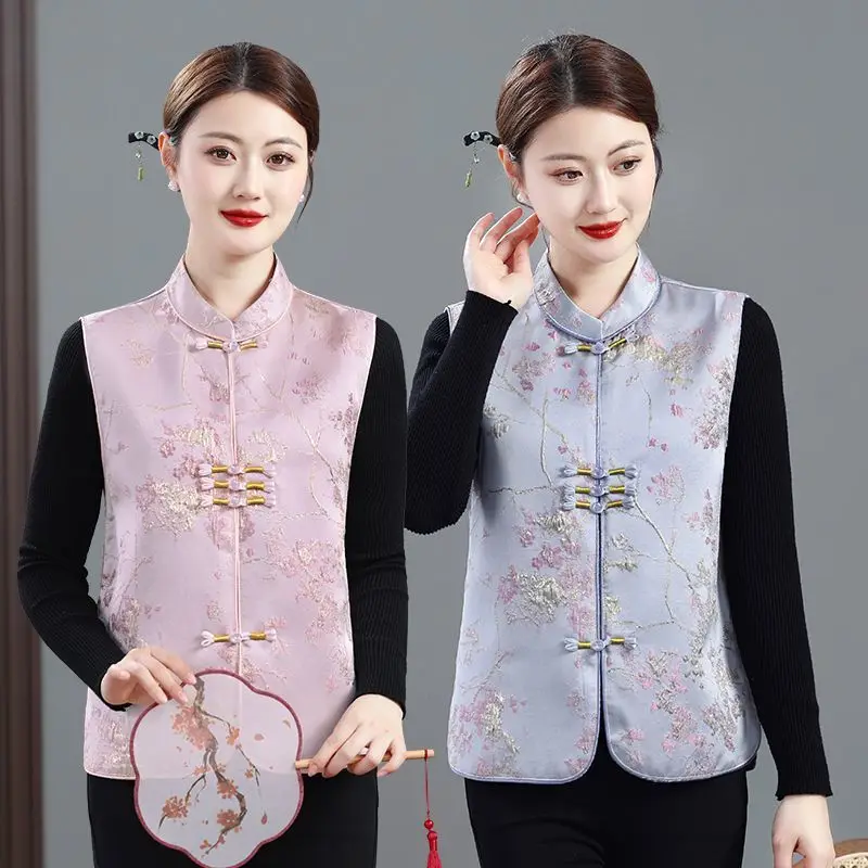 

Новая китайская весенне-осенняя куртка с вышивкой, воротником-стойкой и застежкой на пуговицах, жилет-топ для женщин среднего возраста, повседневная одежда