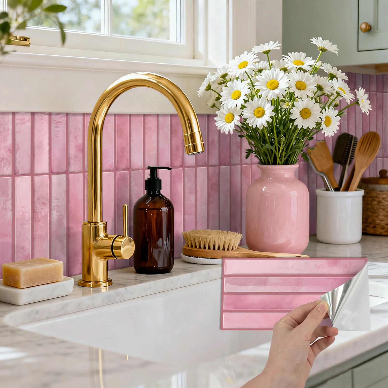 

3D gel vinyl self-adhesive wall sticker pink waterproof peel sticker kitchen splash proof bathroom home decoration tile