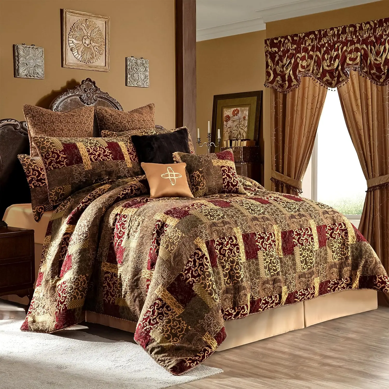 

Loom and Mill 9-Piece Jacquard Luxury Traditional Patchwork Comforter Sets, Ultra Soft Bedding with Euro Shams, Bedskirt,